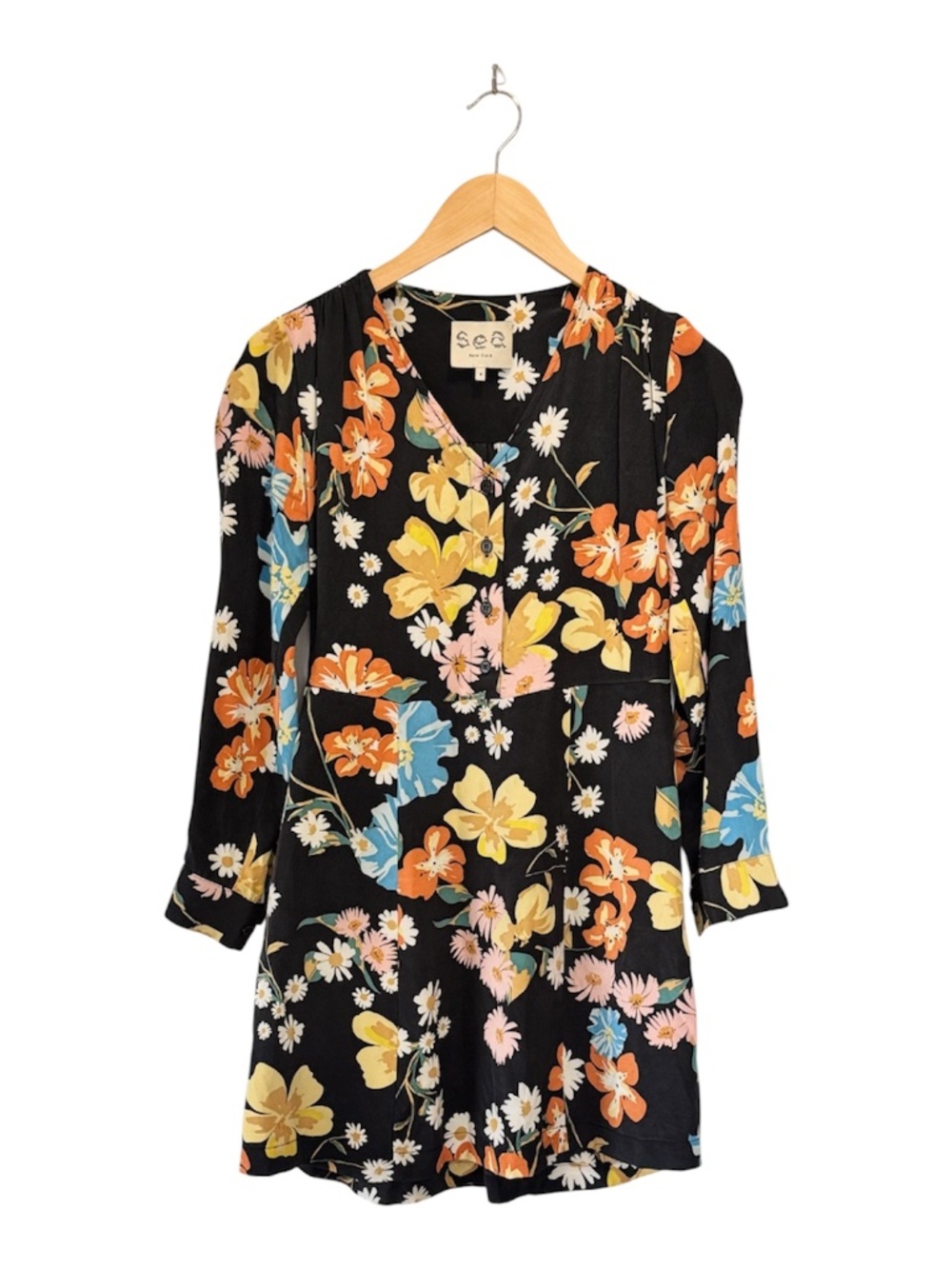 Sea New York 100% Silk Floral Ruffle Puff Sleeve Mini Dress Size 0